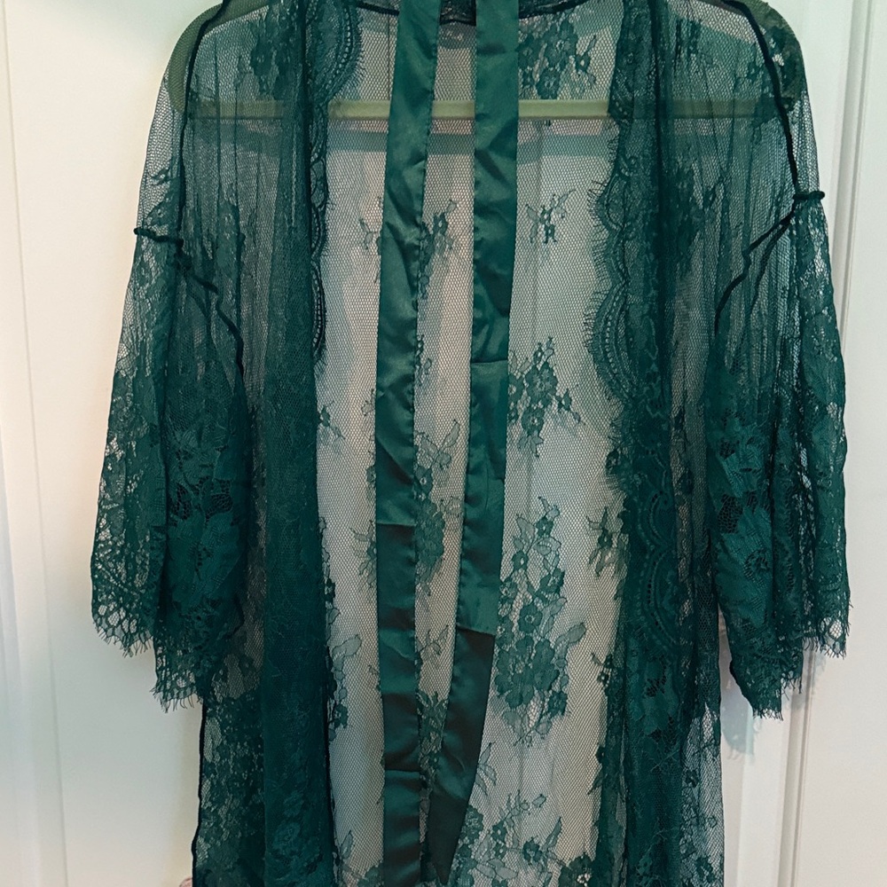 Sheer Lace Kimono Robe - Dark Green
